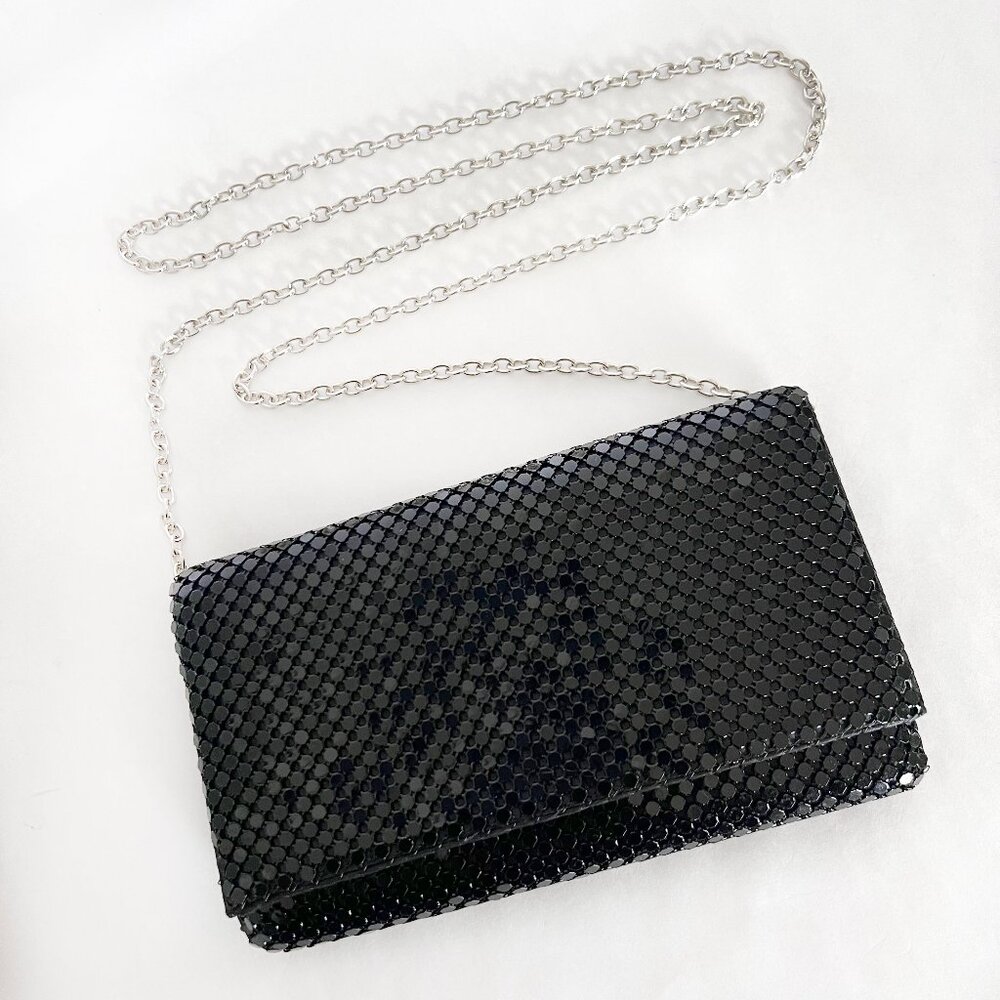 NWOT Black Sequin Clutch Crossbody Bag w/Silver Shoulder Chain Evening Wedding